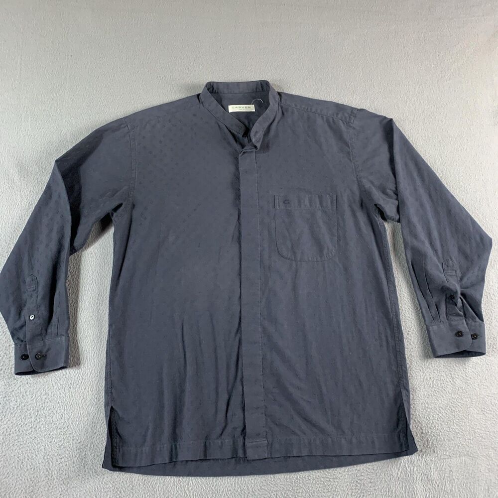 Carven Shirt Mens Large Blue Geometric Textured Long Sleeve Band Collar Button